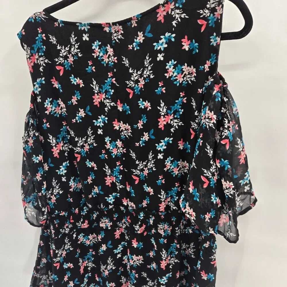 Lane Bryant Black Floral Cold Shoulder Sheer Lined Ruched Blouse Size 26